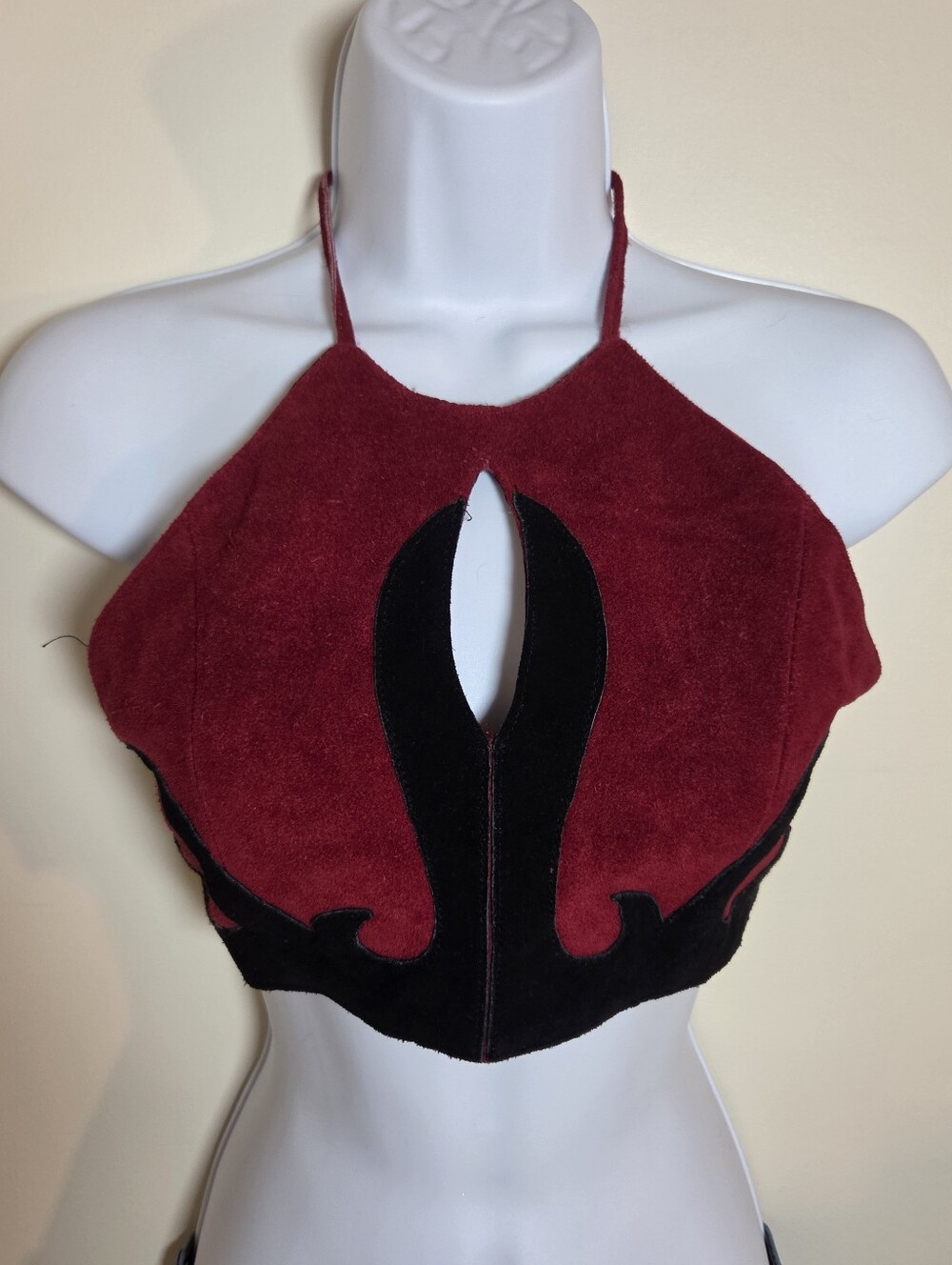 VTG Y2K Passport Suede Leather Halter Top Burgundy Black Flame Boho Whimsigoth S